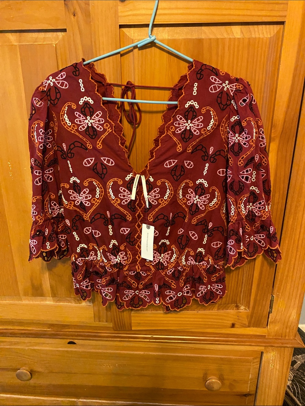Anthropologie Burgundy Embroidered Tie-Front Crop Top